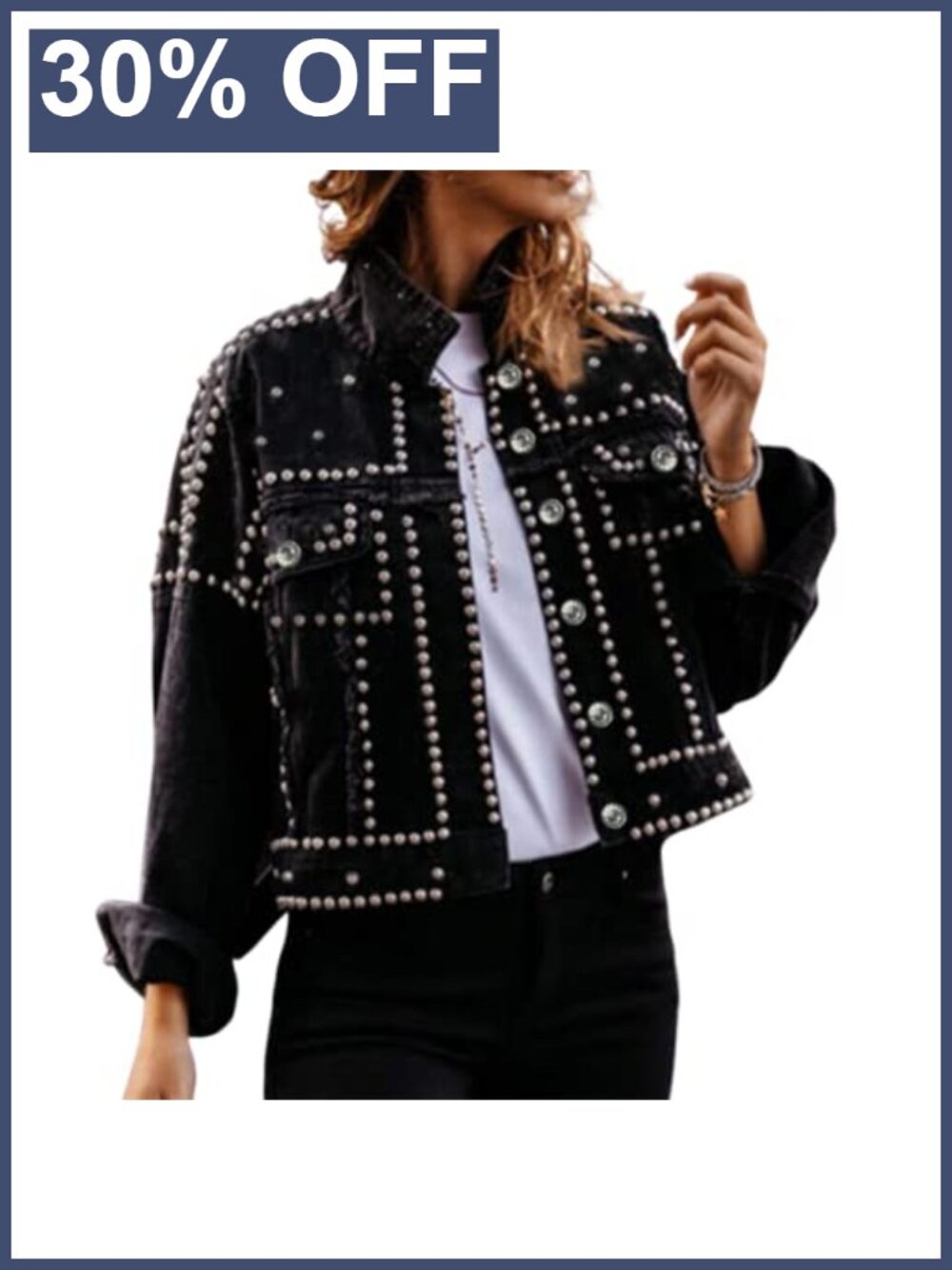 Studded Denim Jacket Frayed Cropped Western Trucker Jean Coat